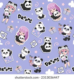 Cute stickers with cartoon anime girl and panda toys seamless pattern on a purple. Vector illustration print for t-shirt. Concept birthday