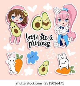 Cute stickers with cartoon anime girl, avocado and bunny on a pink background isolated. Anime set Vector illustration print for children t-shirt