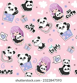 Cute stickers with cartoon anime girl and panda toys seamless pattern. Vector illustration print for t-shirt. Concept birthday