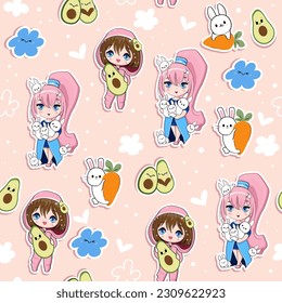 Cute stickers with cartoon anime girls, bunny and avocado on a pink background seamless pattern. Vector illustration print for children t-shirt