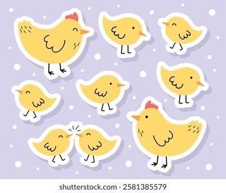 Cute stickers with cartoon chicks and chickens. Easter chicks icons. Set. Vector illustration 