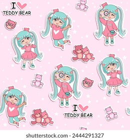 Cute stickers with cartoon little girl with blue hair and pink teddy bear in anime style seamless pattern on a pink background. Kawaii. T-shirt print vector illustration. Little girl chibi manga