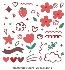 Cute stickers collection for print, for kpop decor.
Social media stickers design images. Pack of kawaii hand drawn stickers. Flat vector illustration isolated on white background. Set of decor icons. 