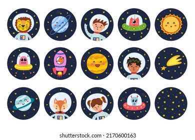 Cute stickers collection with space characters. Space labels with boys and girls astronauts, animals, planets and aliens. Round badges set for kids design. Vector illustration