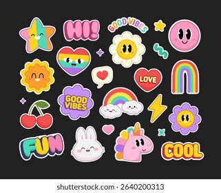 Cute Stickers Collections with Pony Unicorn and funny Cat Unicorn. Cool Y2k stickers set of rainbow cartoon signs and Kawaii emoticons for pins and patch design. 90s style funny cartoon icons (set 2)