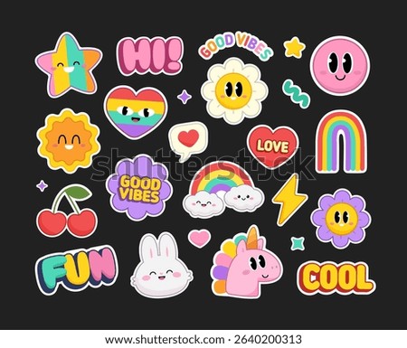 Cute Stickers Collections with Pony Unicorn and funny Cat Unicorn. Cool Y2k stickers set of rainbow cartoon signs and Kawaii emoticons for pins and patch design. 90s style funny cartoon icons (set 2)
