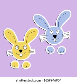 Cute stickers. Easter rabbits. Colorful bunny. Isolated icon on color background. Vector cartoon illustration. Hand drawn design, doodle style.