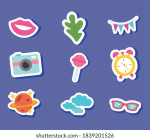 cute stickers flat style set icons design, badges ornament and fashion theme Vector illustration
