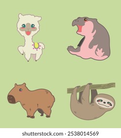 Lindas pegatinas de cuatro animales: lama, hyppo, capibara, perezoso. Este dibujo de Vector es bueno para los niños gráficos relacionados.