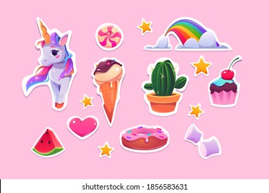 Cute stickers for girls cartoon unicorn, ice cream, rainbow and pink heart, watermelon slice, stars, cupcake and donut with marshmallow, candy and cactus in pot Cartoon vector illustration, icons set