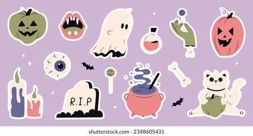 Cute stickers of happy halloween with different elements for design in cartoon style. Pumpkin, ghost, eye, witchs cauldron, candles, vampire fangs. Vector stock illustration, all elements are isolated