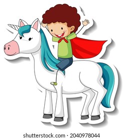 Cute stickers with a hero boy riding a unicorn cartoon character illustration