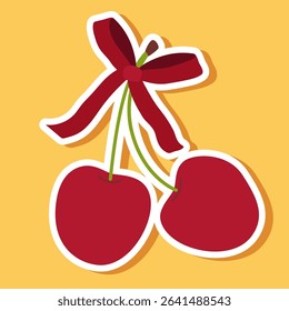 Cute stickers with the image of a cherry with a bow, sweet ripe berry, vector illustration.