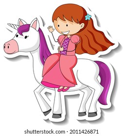 Cute stickers with a little princess riding a unicorn cartoon character illustration