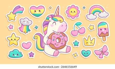 Cute Stickers pack with pastel soft colors Baby Unicorn. Kawaii Pony Unicorn and funny cartoon emoticons stickers:, cloud, rainbow, heart, happy star etc for greeting card, birthday party decoration