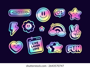 Beleza Adesivos pacote no estilo retro y2k. Adesivos holográficos de Neon na estética dos anos 90. Adesivos holográficos estilo de vida conjunto de: emoticons, arco-íris, estrela, flor, sinais de motivação. Conjunto de Correções de Arco-íris