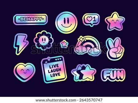 Cute Stickers pack in retro y2k style. Neon Holographic stickers in 90's aesthetics. Holographic lifestyle stickers set of: emoticons, rainbow, star, flower, motivation signs. Rainbow Patches set