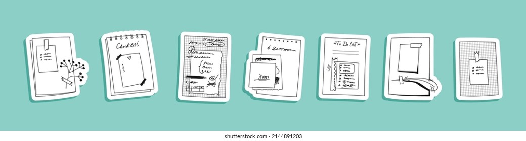 Cute stickers paper sheets with notes underlined or crossed out. Hand-drawn notebook pages with memory stick and sticky notes, bird feather. Doodle handwriting Vector illustration stickers set.