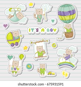 Cute Stickers, Patches for Baby Shower Party. Decorative Elements for Newborn Celebration. Vector illustration