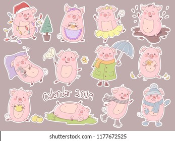 Cute stickers with pigs. Perfect for calendar design.