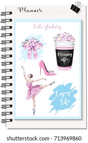 Cute stickers for Planner: coffee cup with flowers, flower bouquet, beautiful ballerina, pink shoe. Fashion stickers set. Sketch. Vector illustration.