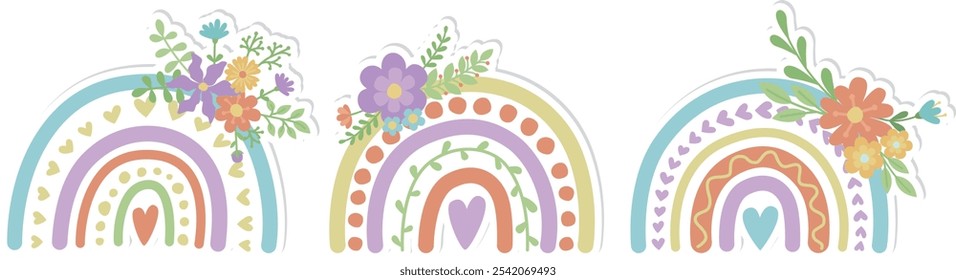 Cute stickers with rainbows and floral compositions. Summer illustration in light colors	