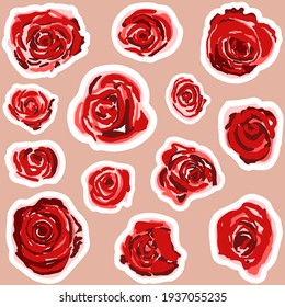 Pegatinas con rosas rojas. Ilustración vectorial para vacaciones y felicitaciones