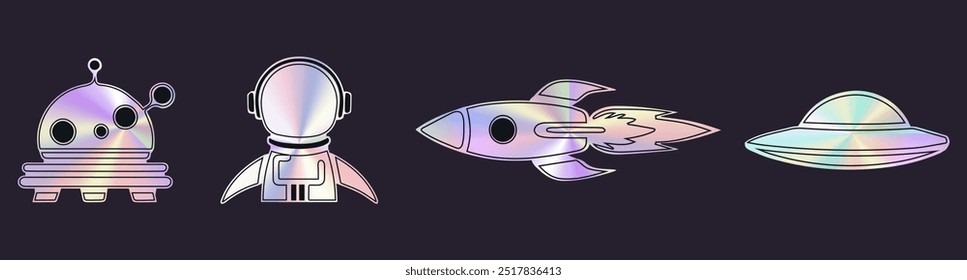 Cute stickers with rocket, astronaut in spacesuit, alien plates for stickers, decorative stickers with glow effect and holographic effect