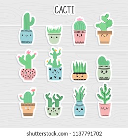 Cute stickers set of cacti and succulents. Cacti in flower pots. Cartoon icons. Collection of exotic plants. Vector illustration