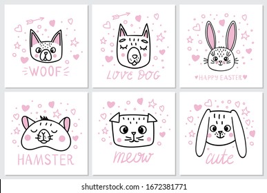 Cute stickers set with cat, dog, hamster, rabbit heads. Doodle illustration with lettering