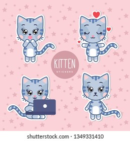 Cute stickers set with cat, kitty. Baby t-shirt print, kids wear, baby celebration, fabric, and wrapping. Vector