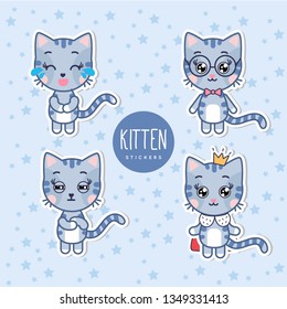 Cute stickers set with cat, kitty. Baby t-shirt print, kids wear, baby celebration, fabric, and wrapping. Vector