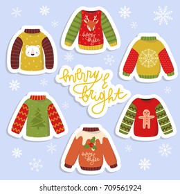 cute stickers set with different holiday sweaters with merry and bright text message. winter holiday stickers set