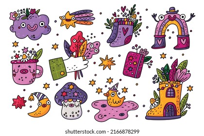 Cute stickers set with cute doodle elements rainbow, flowers, moon, stars, duck. Printable illustration for kids with cute characters. Sticker collection in cartoon style, garish patch vector. Tattoo 