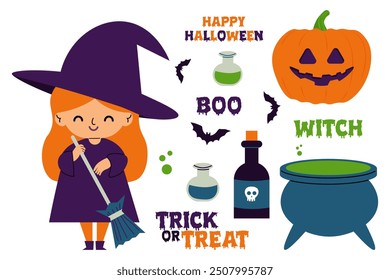 Cute stickers set for Halloween. witch, bats cauldron jack lantern pumpkins, lettering. vector illustration.