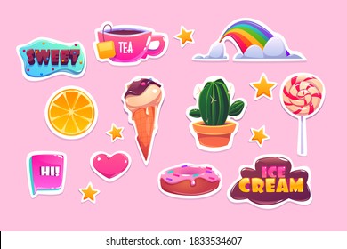 Cute stickers set with rainbow, heart, sweets and stars. Vector cartoon icons of donut, ice cream, orange and quotes. Patches with fun symbols, cactus, tea and lollipop isolated on pink background