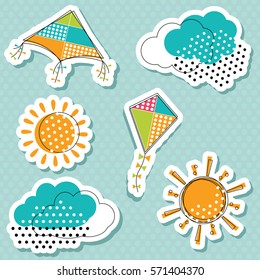 Cute stickers set with suns, clouds and flying kites. Doodle weather icons and wind toys. 