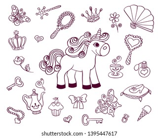 Cute stickers set with unicorn. Vector line cartoon illustration.