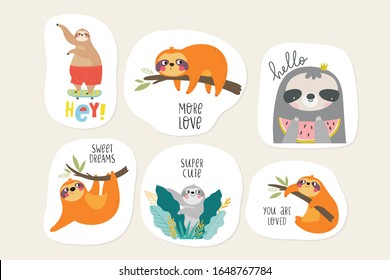 Cute stickers with sloth. Kawaii stickers 