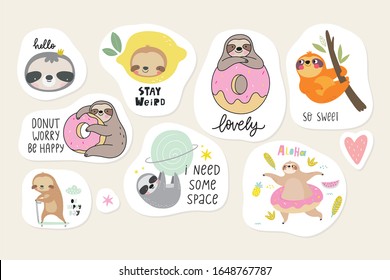 Cute stickers with sloth. Kawaii stickers 