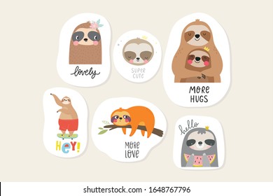 Cute stickers with sloth. Kawaii stickers 