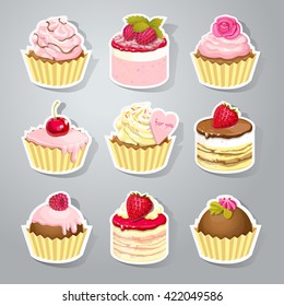 Cute stickers with sweet cupcakes with cream, chocolate and berries. Vector illustration