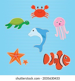cute stickers of underwater animals with several types of biota in the sea