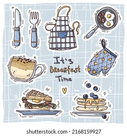 cute stickers. vector illustration with food and drink. Breakfast elements.Cute art for cards, prints.