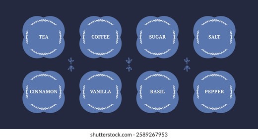 Cute stickers with wreaths for storing spices. a sticker pack for the kitchen pantry with the names of spices and drinks. tea, coffee, vanilla, pepper