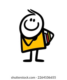 Cute stickman books worm going from library to study lesson. Vector illustration of smart cartoon boy  reader.