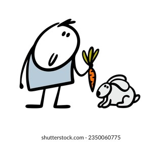 Cute stickman boy hands a carrot to a fluffy rabbit. Vector illustration of cartoon  kindfarmer feeding an animal hare. Funny person isolated on white background.