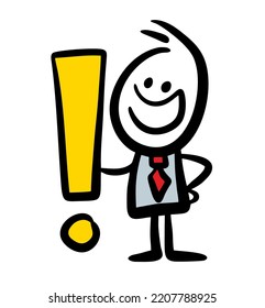 Cute stickman  buisnessman in costume and red tie with exclamation point.  Happy face vector illustration. 