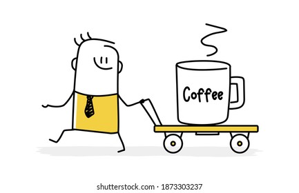 Cute stickman carries a large cup on a trolley with the inscription coffee. Vector illustration.