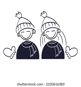 Cute Stickman doodle pair in winter clothes hat, scarf, mittens. He and she winter modern vector illustration isolated on a white background.